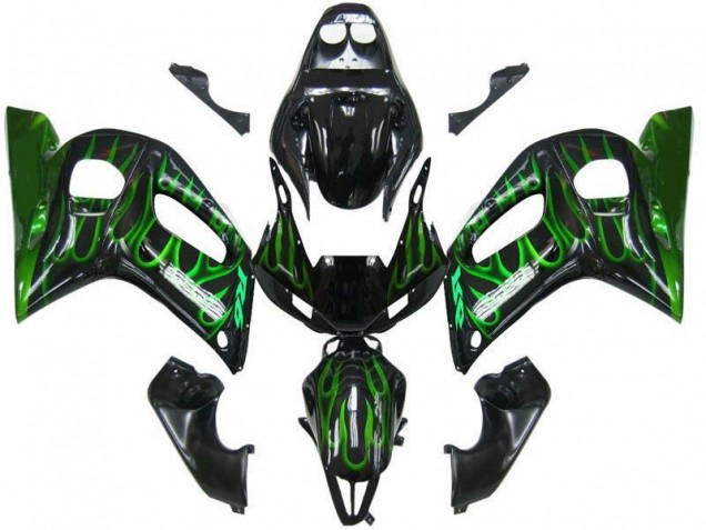 1998-2002 Yamaha YZF 600 R6 Motorcycle Fairings - Glossy Black Green Flame UK