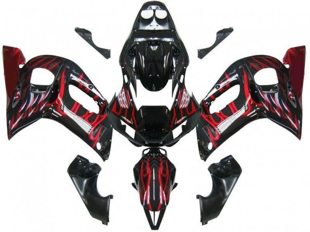 1998-2002 Yamaha YZF 600 R6 Motorcycle Fairings - Glossy Black Red Flame UK