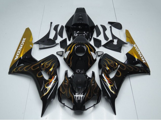 2006-2007 Honda CBR1000RR Motorcycle Fairing - Glossy Black Gold Flame UK