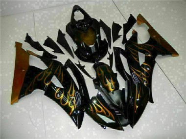 Best 2008-2016 Yamaha YZF R6 Motorcycle Fairings - Glossy Black Gold Flame UK