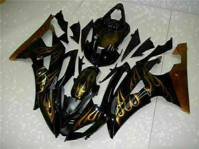 2008-2016 Yamaha YZF R6 Motorcycle Fairings - Glossy Black Gold Flame UK