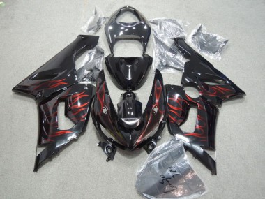 Best 2005-2006 Kawasaki ZX6R Motorcycle Fairings - Glossy Black Red Flame UK