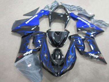 Best 2005-2006 Kawasaki ZX6R Motorcycle Fairings - Glossy Black Blue Flame UK