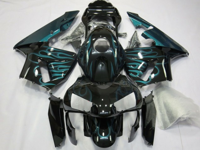 2003-2004 Honda CBR600RR Motorcycle Fairings - Glossy Black Green Flame UK