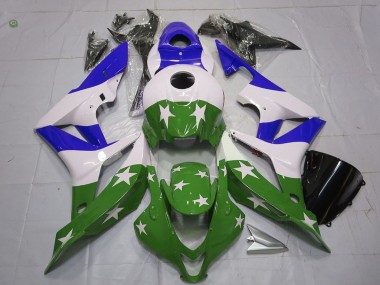 Best 2007-2008 Honda CBR600RR Motorcycle Fairings - White Blue Green Stars Stripe UK