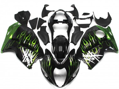Best 1996-2007 Suzuki GSXR 1300 Motorcycle Fairings - Glossy Black with Deep Green Flame UK