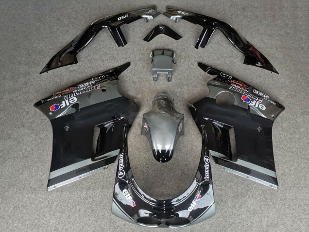 1989-1990 Kawasaki ZXR250 Motorcycle Fairings - Glossy Black Grey Elf Touch4 Bridgestone UK