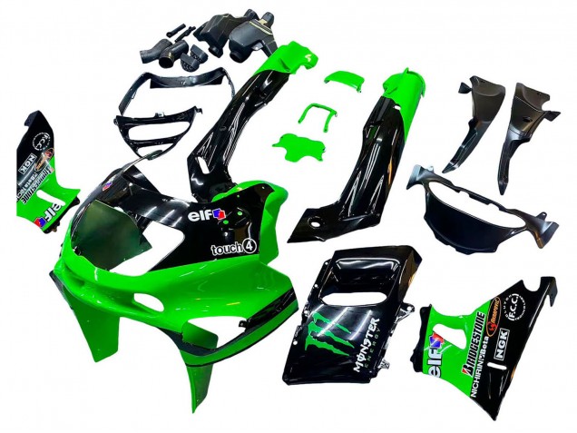 1993-2007 Kawasaki ZZR400 Motorcycle Fairings - Green Glossy Black Green Monster Elf Touch4 Bridgestone UK
