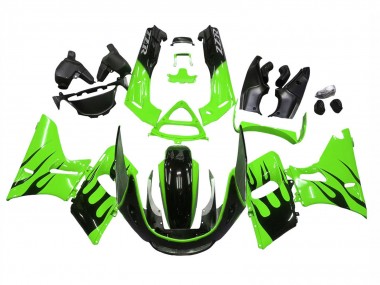 Best 1993-2007 Kawasaki ZZR400 Motorcycle Fairings - Green Glossy Black Flame UK
