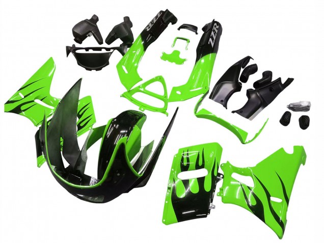 1998-2003 Kawasaki ZZR600 Motorcycle Fairings - Green Glossy Black Flame UK