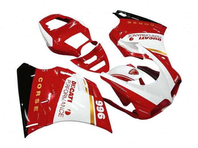 1993-2005 Ducati 996 Motorcycle Fairings - White Red Gold Glossy Black Corse Performance UK