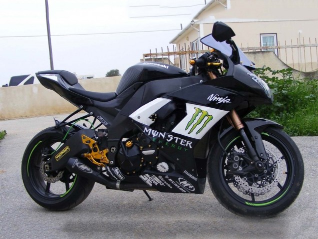 2008-2010 Kawasaki ZX10R Motorcycle Fairings - Glossy Black White Green Monster Elf UK