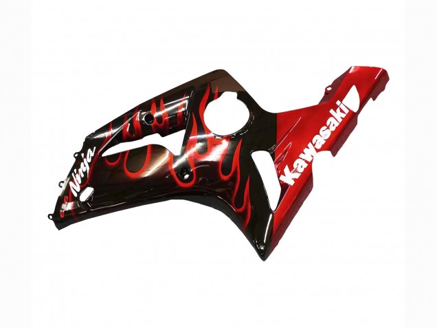 2003-2004 Kawasaki ZX6R Motorcycle Fairings - Glossy Black Red Flame UK