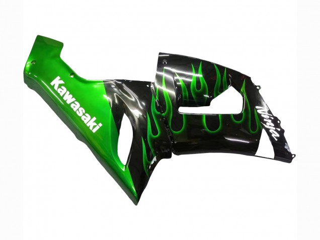 2005-2006 Kawasaki ZX6R Motorcycle Fairing - Glossy Black Green Flame UK