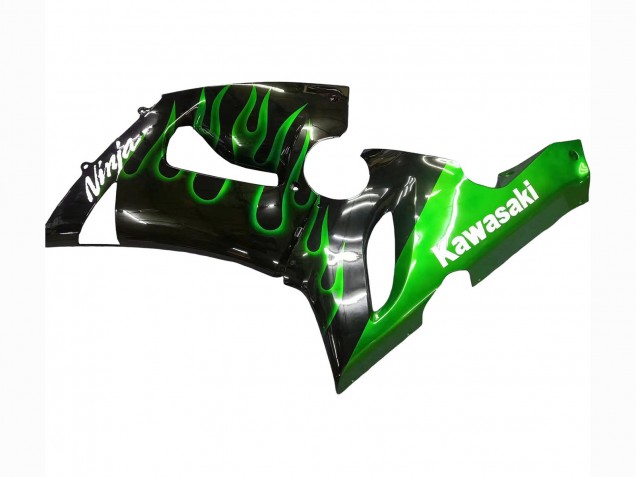 2005-2006 Kawasaki ZX6R Motorcycle Fairing - Glossy Black Green Flame UK