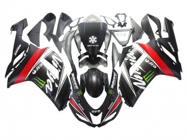Best 2007-2008 Kawasaki ZX6R Motorcycle Fairings - Black White Red with White Snow Decal Ninja Elf UK