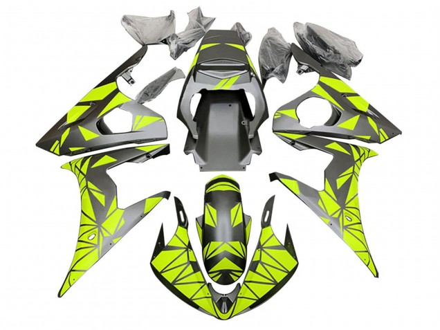2003-2004 Yamaha YZF R6 Motorcycle Fairings - Neon Green Matte Black Geometric UK