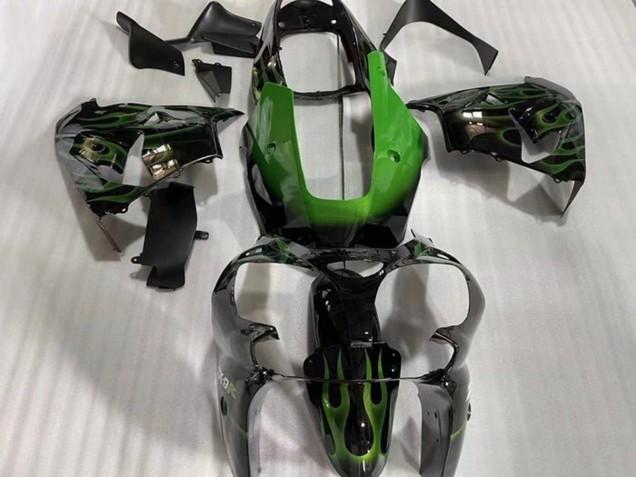 2002-2003 Kawasaki ZX9R Motorcycle Fairings - Glossy Black Green Flame UK