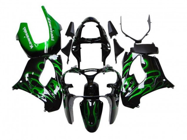 2002-2003 Kawasaki ZX9R Motorcycle Fairings - Black White with Green Flame UK