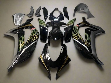 Best 2016-2020 Kawasaki ZX10R Motorcycle Fairings - Glossy Black Gold Honeycomb UK