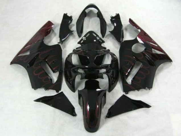2002-2006 Kawasaki ZX12R Motorcycle Fairings - Glossy Black Burgundy Flame UK
