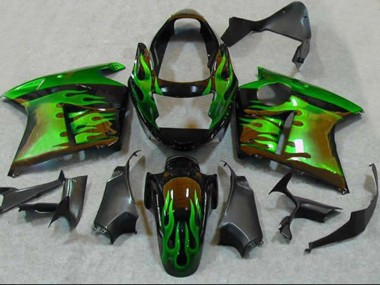Best 1996-2007 Honda CBR1100XX Blackbird Motorcycle Fairings - Glossy Black Green Flame UK