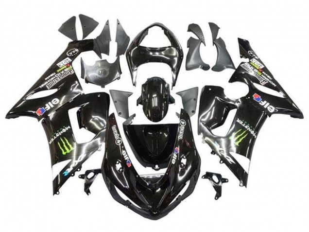 2005-2006 Kawasaki ZX6R Motorcycle Fairings - Glossy Black Yellow Monster UK