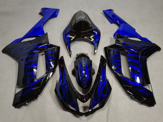 2007-2008 Kawasaki ZX6R Motorcycle Fairings - Black Blue Flame UK