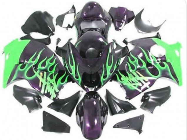 1996-2007 Suzuki GSXR 1300 Hayabusa Motorcycle Fairings - Glossy Black Green Flame UK