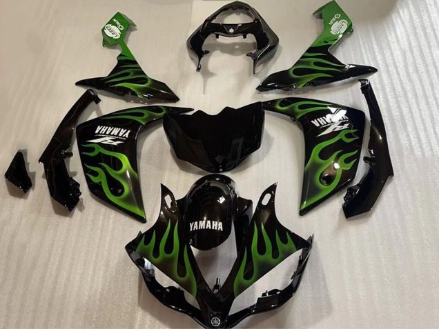 2007-2008 Yamaha YZF 1000 R1 Motorcycle Fairings - Glossy Black Green Flame UK