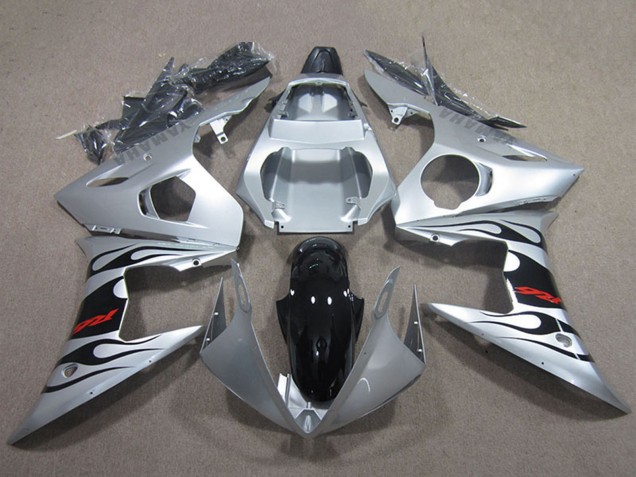2003-2004 Yamaha YZF R6 Motorcycle Fairings - Silver Glossy Black Flame UK