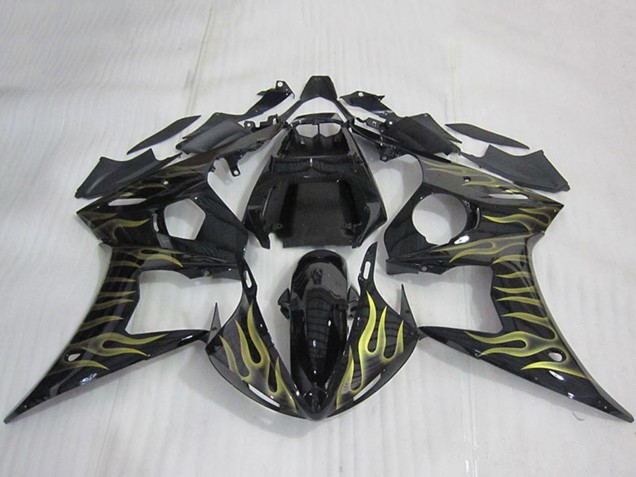 2003-2004 Yamaha YZF R6 Motorcycle Fairings - Glossy Black Gold Flame UK