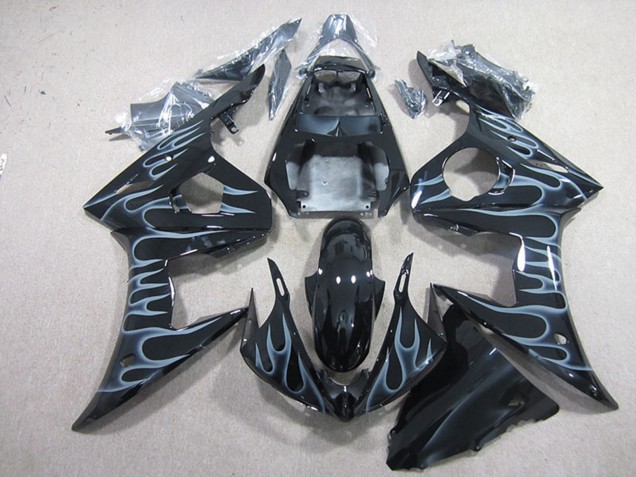2003-2004 Yamaha YZF R6 Motorcycle Fairings - Glossy Black Silver Flame UK