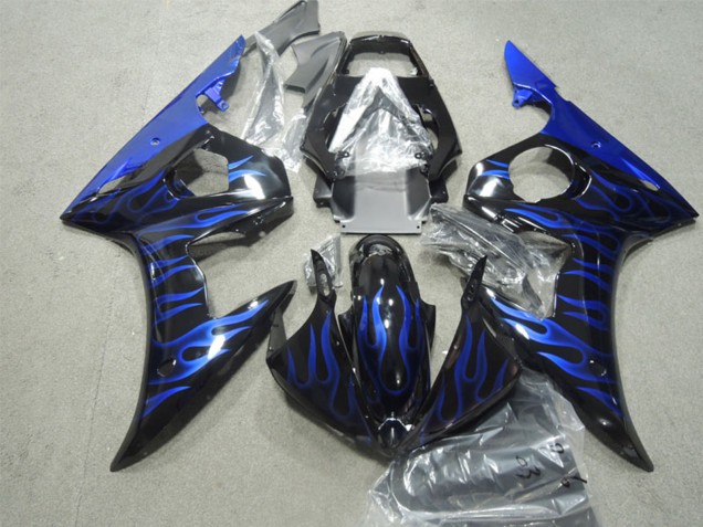 2003-2004 Yamaha YZF R6 Motorcycle Fairings - Glossy Black Blue Flame UK