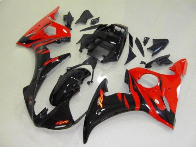 ABS 2003-2005 Black Red Flame Yamaha YZF R6 Bike Fairing Kit UK