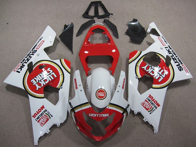 ABS 2004-2005 Red White Lucky Strike Motul Suzuki GSXR600 Motorcycle Replacement Fairings UK ABS 2004-2005 Red White Lucky Strike Motul Suzuki GSXR600 Motorcycle Replacement Fairings UK